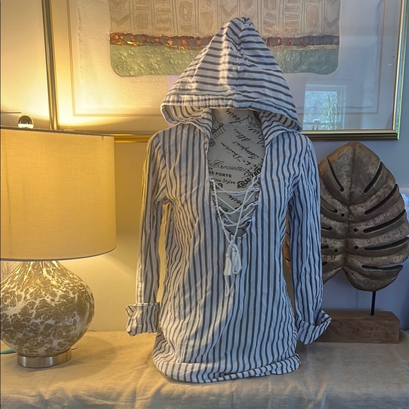 Striped Hooded Lace-Up Top‎ - Picture 1 of 9